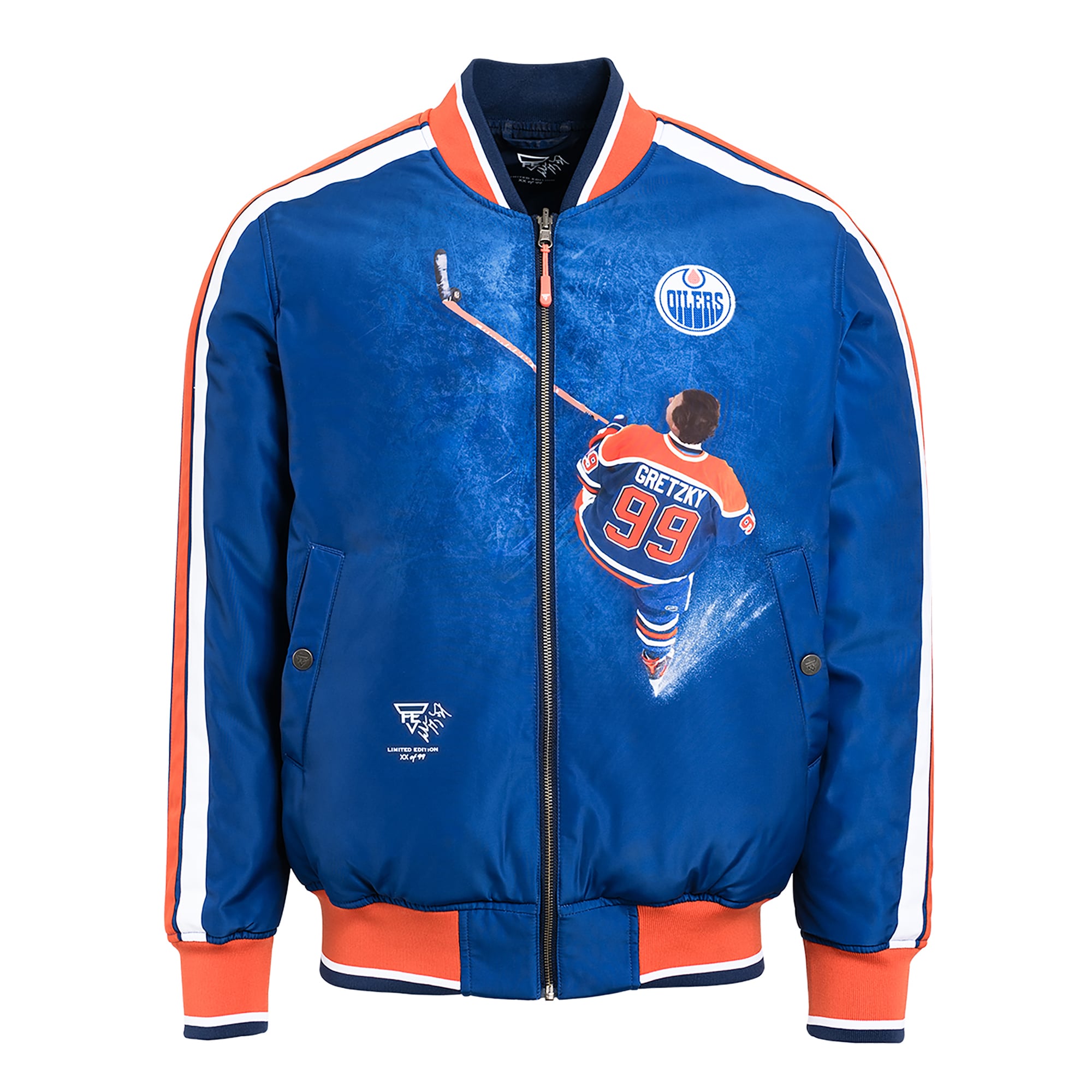 Veste bomber réversible zippée pour homme FE Wayne Gretzky Royal/Marine des Oilers d'Edmonton